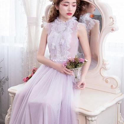 Light Lavender Tulle With Lace Long Evening Dress,..