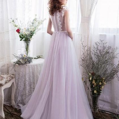 Light Lavender Tulle With Lace Long Evening Dress,..