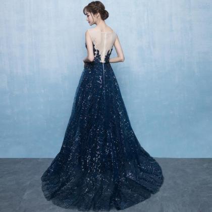 Beautiful Blue Tulle With Lace Round Neckline Prom..