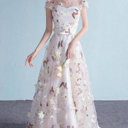 Elegant Flowers Tulle Cap Sleeves Prom Dress,..