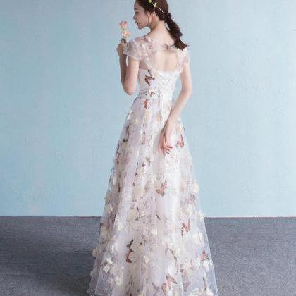 Elegant Flowers Tulle Cap Sleeves Prom Dress,..
