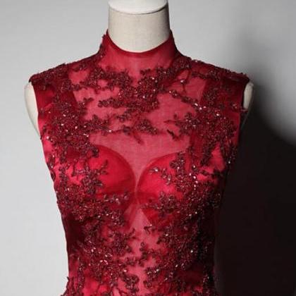 Wine Red Satin Lace Beaded High Neckline Long..