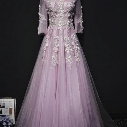Pink Long Sleeves Tulle With Flowers V-neckline..