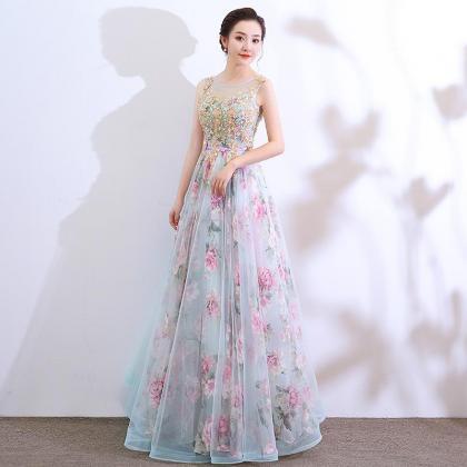 Beautiful Floral Tulle And Lace Long Party Dress,..