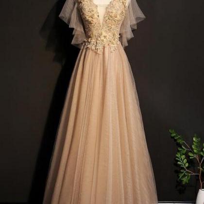 Champagne Tulle Long Bridesmaid Dress, Long Formal..