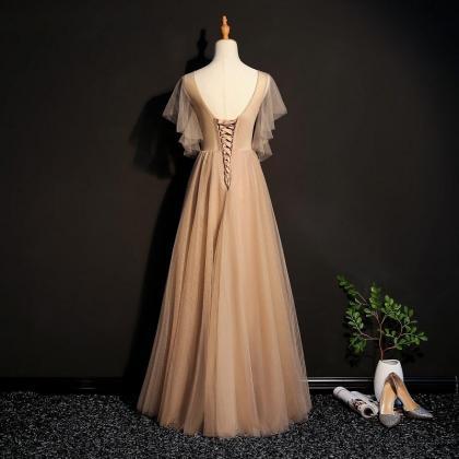 Champagne Tulle Long Bridesmaid Dress, Long Formal..