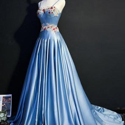 Blue Sweetheart Satin Long Party Gown With Straps,..
