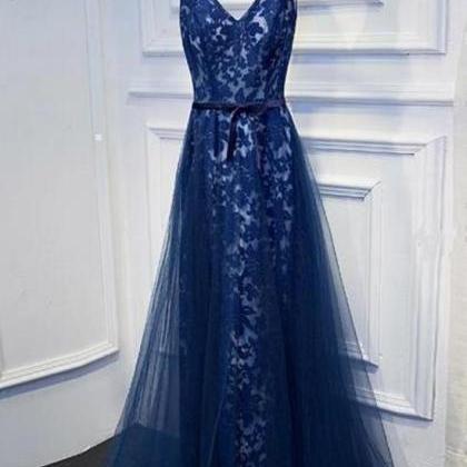 Navy Blue Lace Long V-neckline Prom Dress, A-line..
