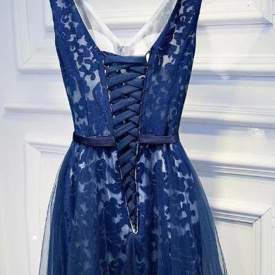 Navy Blue Lace Long V-neckline Prom Dress, A-line..