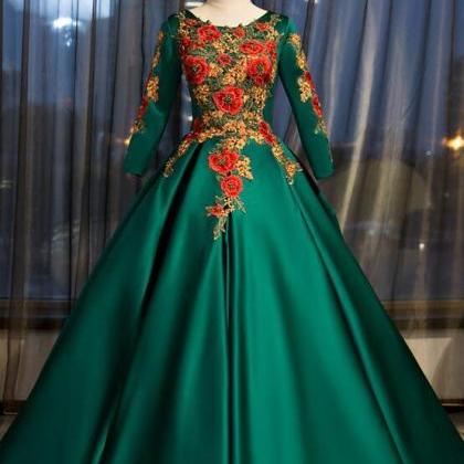 Dark Green Satin Long Ball Gown Sweet 16 Dress,..