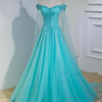 Charming Blue Beaded Sweetheart Tulle Long Party..