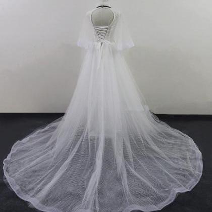 Beautiful White Tulle With Sleeves Long Party..