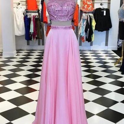 Two Pieces Long Prom Dresses With Beading,formal..