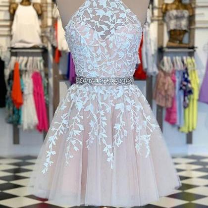 Lace Homecoming Dress Halter Neckline, Short Prom..