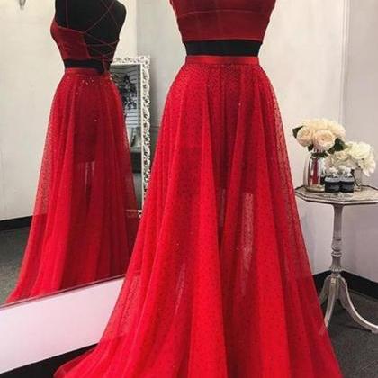 Red Two Pieces Sparkly Long Prom Dresses,pl4571