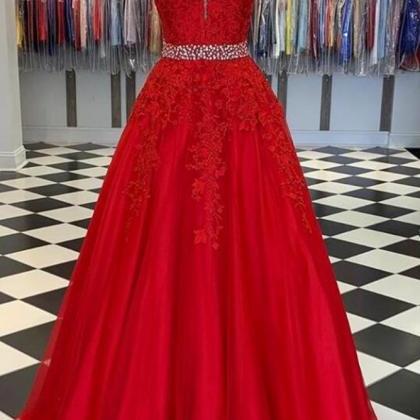 V-neck Tulle Long Prom Dresses With Appliques And..