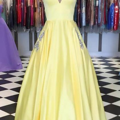 V-neck Yellow Long Prom Dresses ,pl4587