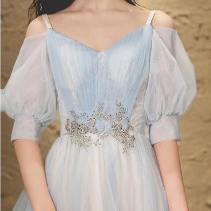 Blue A-line Tulle Lace Short Prom Dress, Blue..
