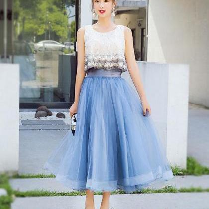 Blue Lace Tulle Tea Length Prom Dress, Homecoming..