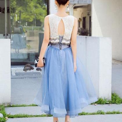 Blue Lace Tulle Tea Length Prom Dress, Homecoming..