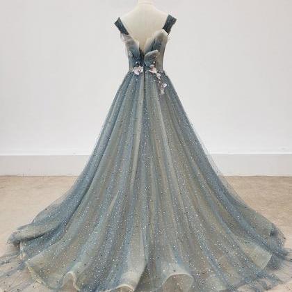 Gray Blue V Neck Tulle Beads Long Prom Dress Gray..
