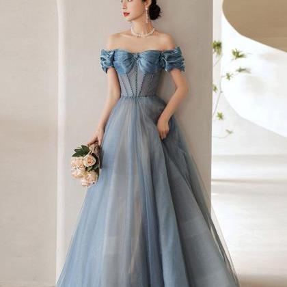 Blue Sweetheart Off Shoulder Tulle Long Prom Dress..