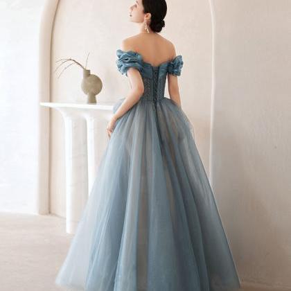 Blue Sweetheart Off Shoulder Tulle Long Prom Dress..