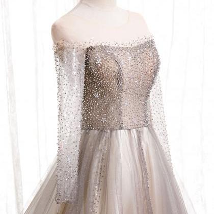 Light Champagne Tulle Sequin Long Prom Dress..