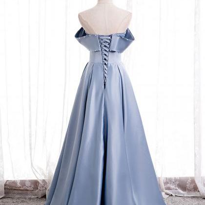 Simple Blue Off Shoulder Satin Long Prom Dress..