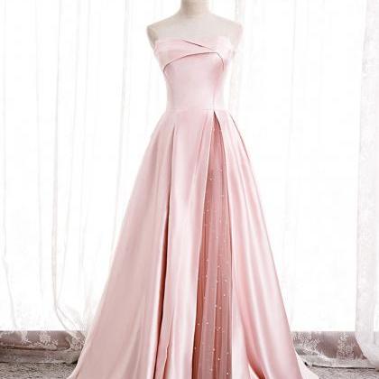 Simple Pink Satin Long Prom Dress Pink Bridesmaid..