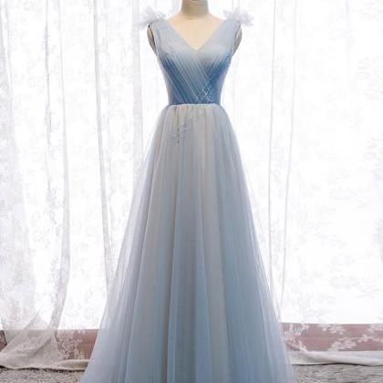 Simple Blue V Neck Tulle Long Prom Dress Blue..