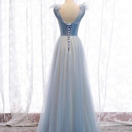 Simple Blue V Neck Tulle Long Prom Dress Blue..