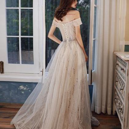 Simple Light Champagne Tulle Long Prom Dress Tulle..