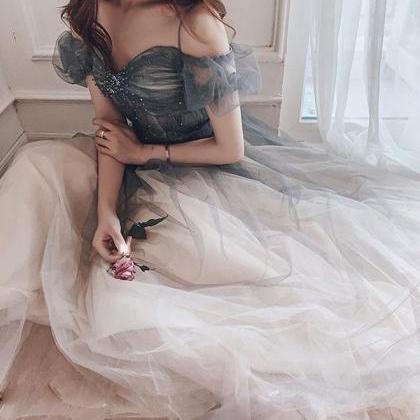 Gray Sweetheart Tulle Long Prom Dress Off Shoulder..