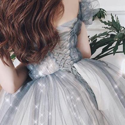 Gray Sweetheart Tulle Long Prom Dress Off Shoulder..