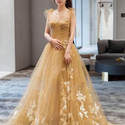 Champagne Tulle Lace Long Prom Dress, Tulle Lace..