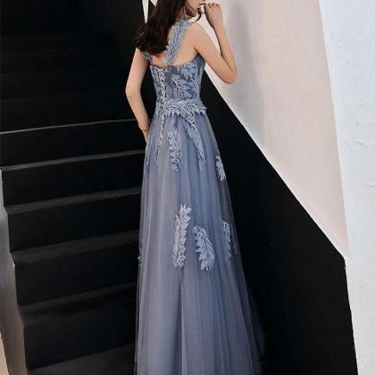 Blue Tulle Lace Long Prom Dress, Blue Tulle..