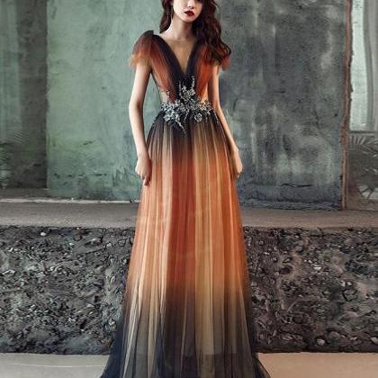 Unique V Neck Tulle Long Prom Dress, Tulle Evening..
