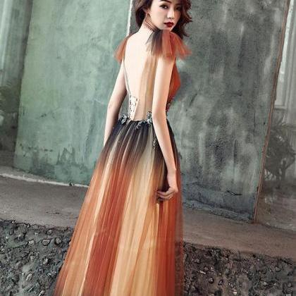 Unique V Neck Tulle Long Prom Dress, Tulle Evening..