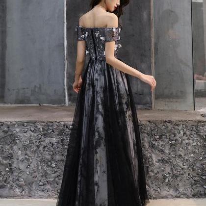 Black Tulle Lace Long Prom Dress, Black Tulle..