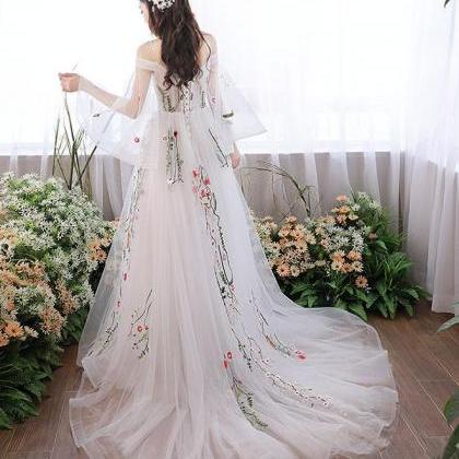 White V Neck Tulle Lace Applique Long Prom Dress,..