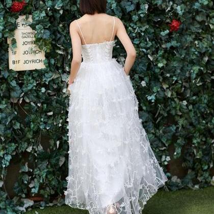 White V Neck Tulle Long Prom Dress, White Evening..