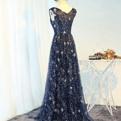 Blue V Neck Long Prom Dress, Blue Evening..