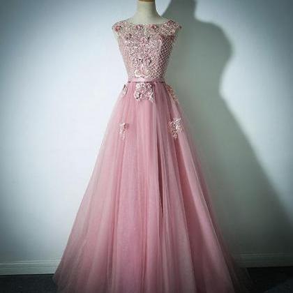 Pink Lace Tulle Long Prom Dress, Pink Evening..