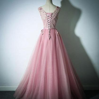 Pink Lace Tulle Long Prom Dress, Pink Evening..