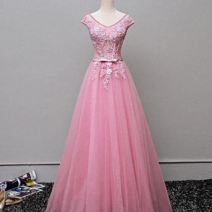 A-line V Neck Tulle Lace Prom Dress Senior Prom Gown Y311