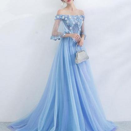 Unique Blue Tulle Off Shoulder Long Prom Dress,..