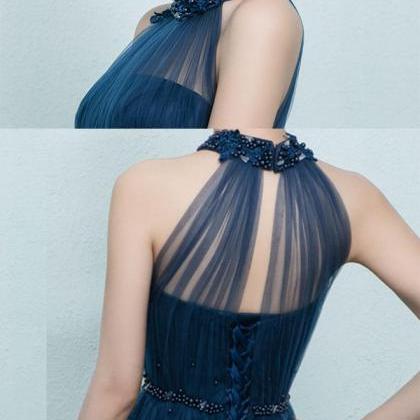 Simple Blue Tulle Long Prom Dress, Blue Tulle..