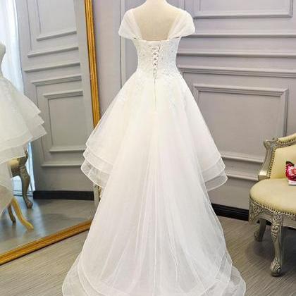 White Lace Tulle High Low Long Wedding Dress,..