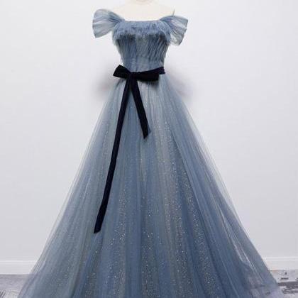 Blue Tulle Off Shoulder Sequin Long Prom Dress..